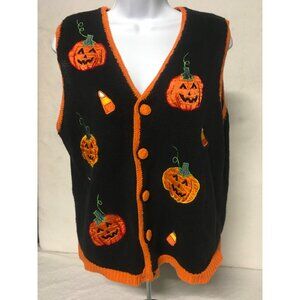 Basic Edition Sweater Vest Women Size L Black Orange Halloween Pumpkins Candy